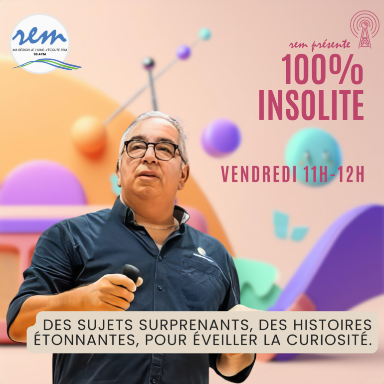 100% Insolite est une émission de REM animée par Thierry, diffusée Chaque vendredi, qui explore des sujets surprenants, des histoires et phénomènes curieux pour éveiller la curiosité.