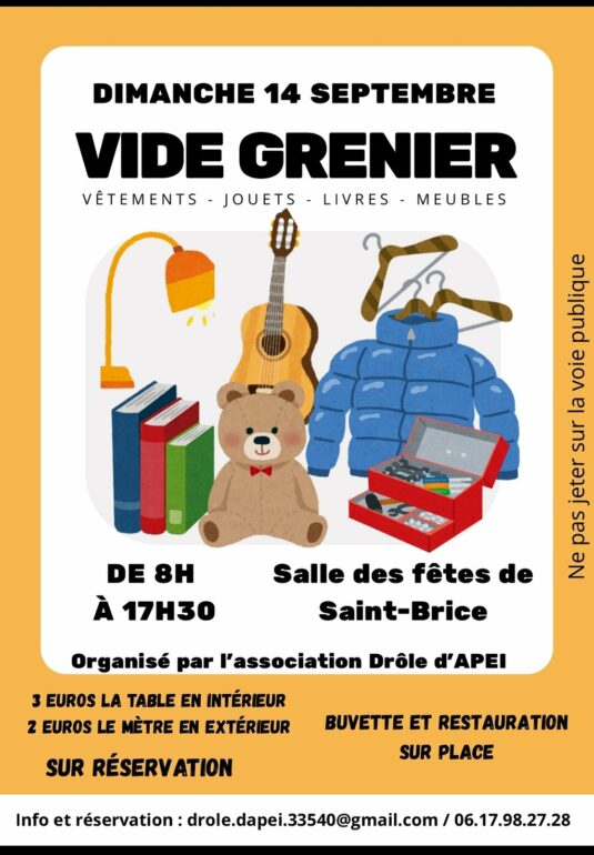L'association Drôle d'APEI se relance avec une énergie incroyable et vous invite à son premier grand événement de la rentrée un vide-grenier à Saint-Brice