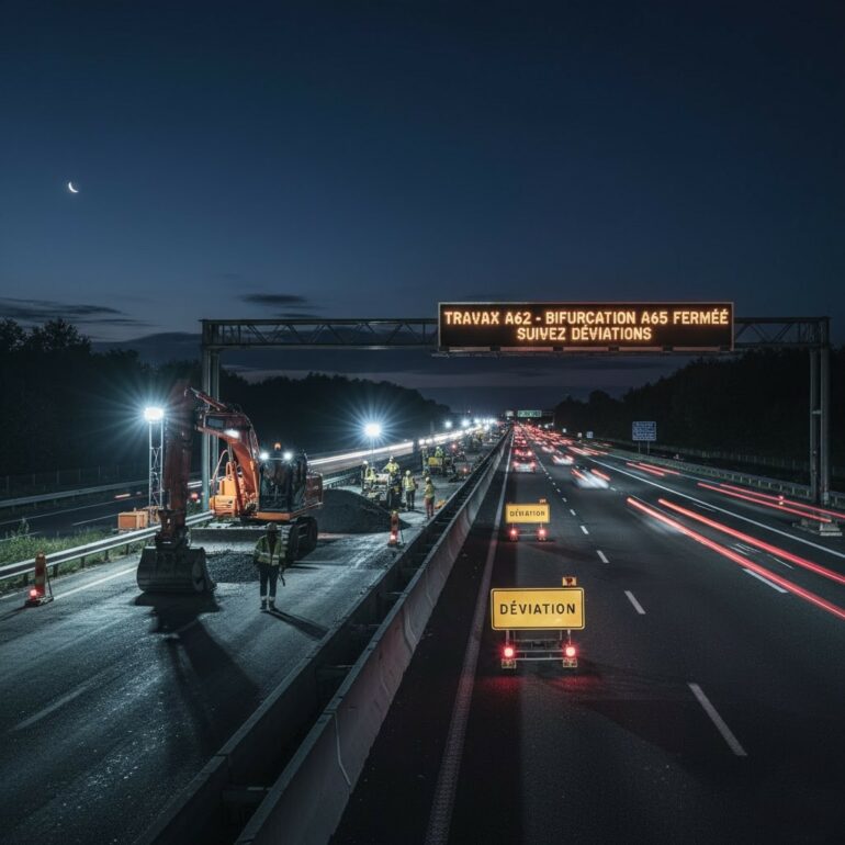 D'importants travaux sur l'A62 entre Langon et Marmande entraînent la fermeture de la jonction A62/A65 les nuits du 29 et 30 octobre. Le point sur les déviations.